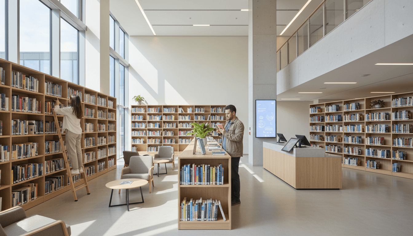 Librarian organizing books in modern library